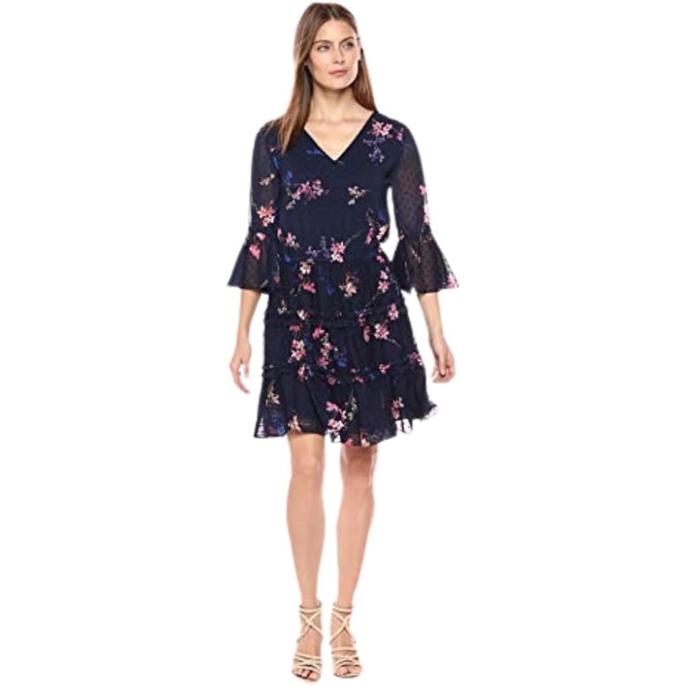 Eliza J Navy Floral Clip Dot Tiered Ruffle Fit & Flare Dress Bell Sleeve Size 2